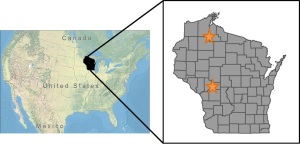 Elk reintroduction areas in Wisconsin, USA.